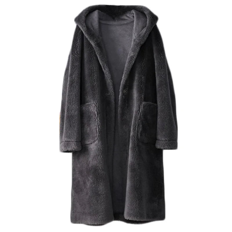2023 Winter New Hooded Thicken Women Lamb Wool Coat Female Lady Sheep Shearling Overcoat Parka PT343 dark grey