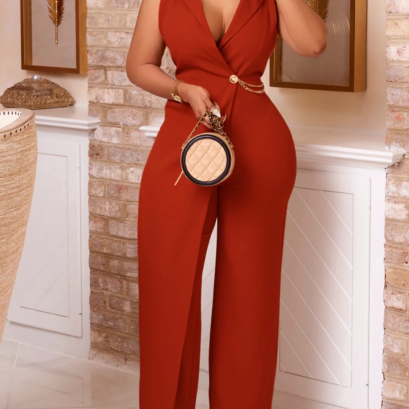 CM.YAYA Women Wide Leg V-Neck Sleeveless Jumpsuits Waist Chain 2024 Summer OL Beach Night Club Playsuit One Piece Suit Romper