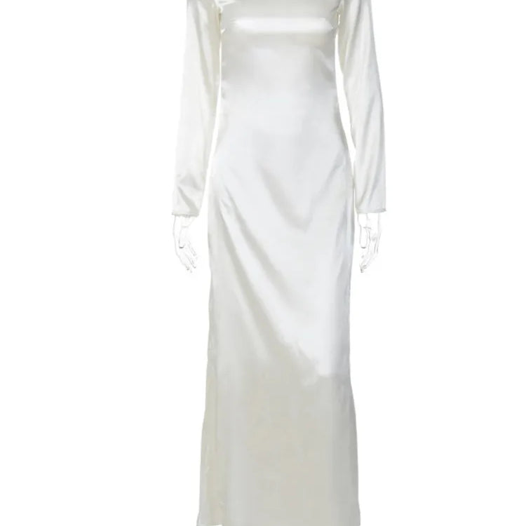 JULISSA MO Elegant Solid O-Neck Long Sleeve Backless Maxi Dress For Women 2023 Autumn Chic Silver Slim Long Dress Outfits