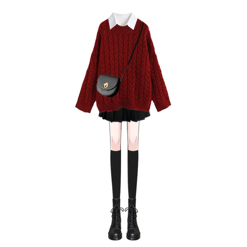 Women's Autumn Winter Lucky Red Sweater Shirt Pleated Mini Skirts 1 or 3 PCS Set Korean Lady Casaul Joker Knit Tops Skirt Outfit