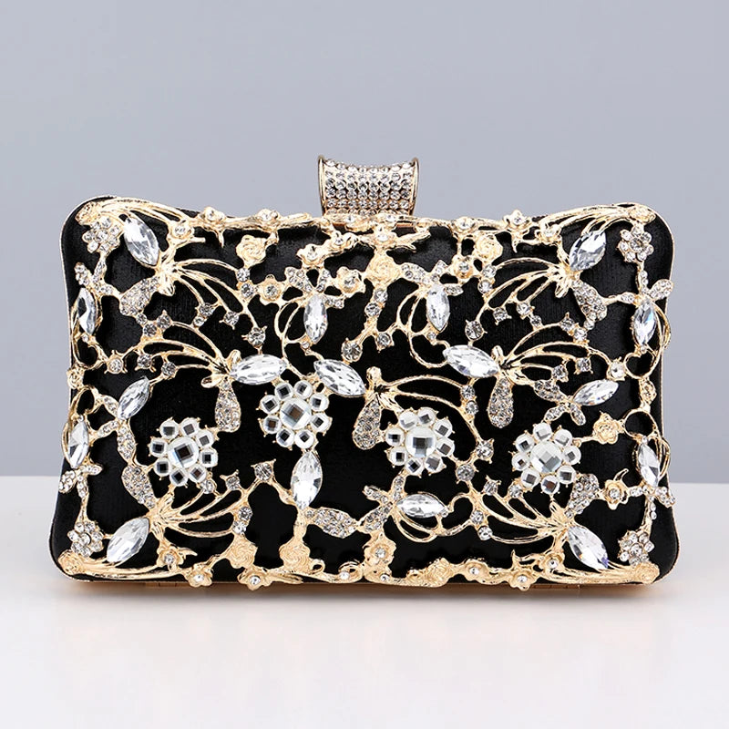 Hollow Out Style Women Evening Bags Rhinestones Metal Luxury New Design Day Clutch Rhinestones Shoulder Party Purse GL3106black