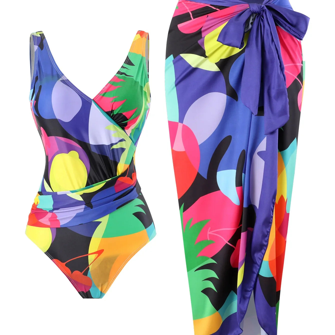 Elegant Blue Leaf Printed One Piece Swimsuit Woman Fashion High Waisted Hanging Neck Swimwear French Covered Belly Bikini F-Suit