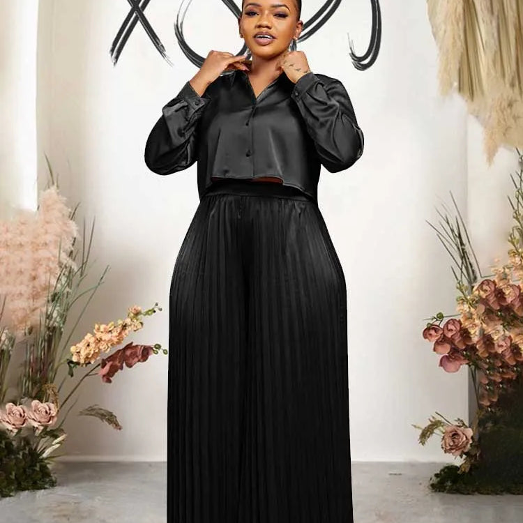 2 Piece Sets Women Outfit Luxury Elegant Autumn Long Sleeve Button Top and Pleated Pants Set Casual Ladies Clothes Plus Size