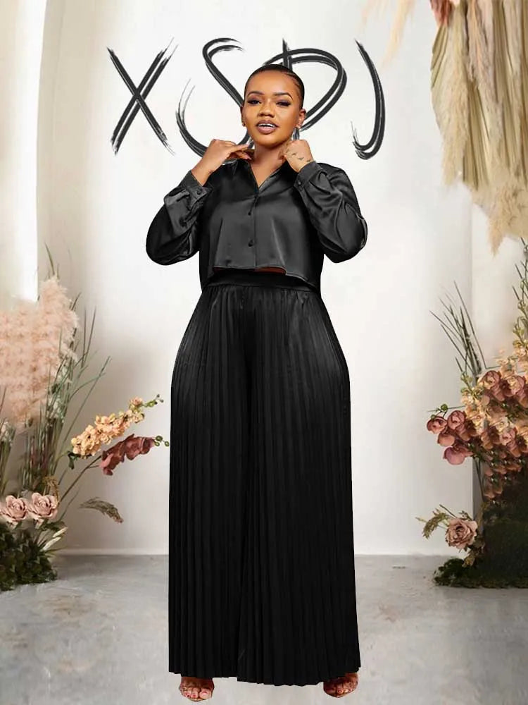 2 Piece Sets Women Outfit Luxury Elegant Autumn Long Sleeve Button Top and Pleated Pants Set Casual Ladies Clothes Plus Size