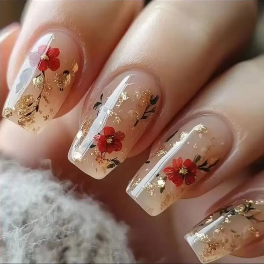 24Pcs Glitter Leaves Fake Nail with Designs Simple Roses Press on Ballet False Nail Patch Wearable Finished Full Cover Nail Tips