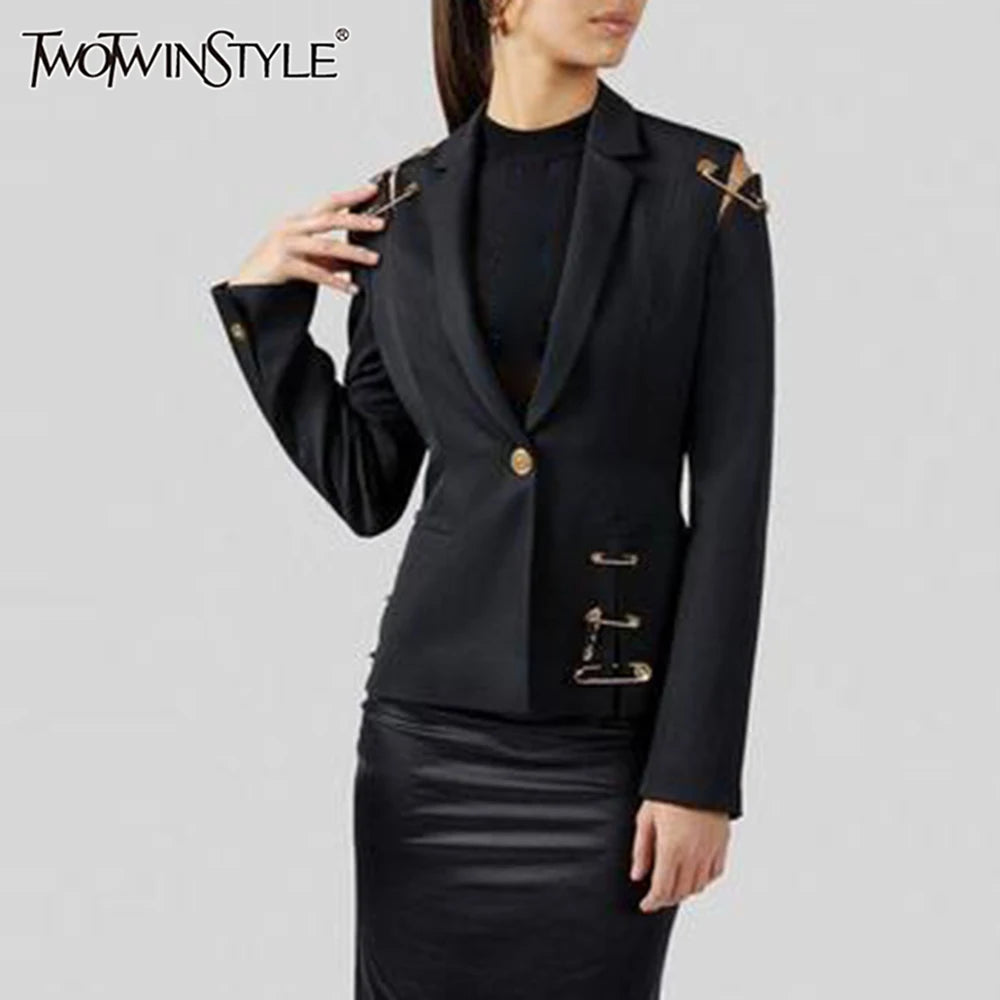TWOTWINSTYLE Slimming Spliced Paper Clip Elegant Jackets for Women Lapel Long Sleeves Patchwork Button Jacket Female Fashion New