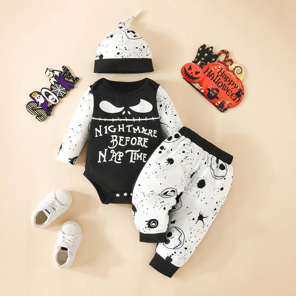Halloween Baby Boy 2Pcs Outfits Grimace Letter Printing Hooded Long-sleeved Top and Bodysuit Elastic Pants set Fall Clothes black