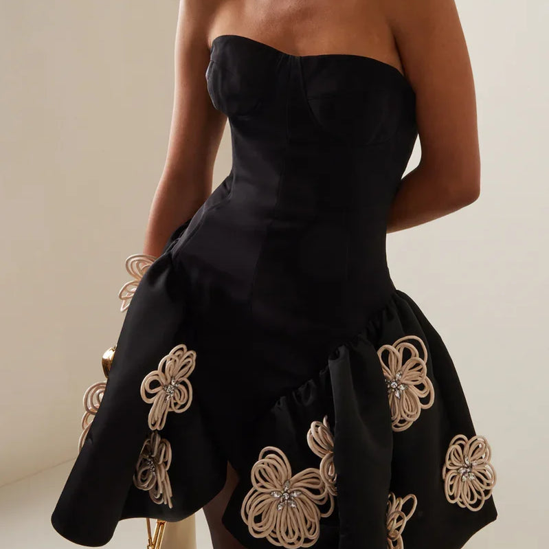 Vestido de baile floral sem alças, sexy, preto, feminino, mini vestido de bandagem, moda festa de aniversário, comemoração, vestido de noite