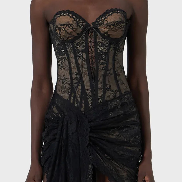 Top Quality Women Sexy Strapless Lace Bodycon Draped Mini Dress Celebrity Red Carpet TV Show Performance Stage Wear