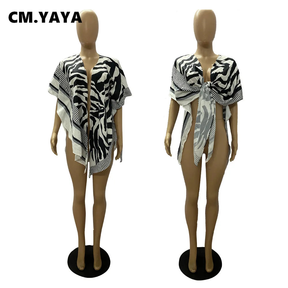 CM.YAYA Elegant Zebra Striped Women 3d Printed Tie Up Open Stitched Batwing Sleeve Shirt Blouse Tops