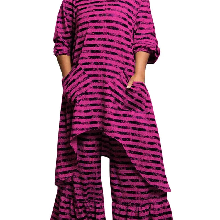 Wmstar Plus Size Two Piece Women Clothing Long Sleeve Long Top and Pants Sets Striped Matching Set Wholesale Dropshopping 2024