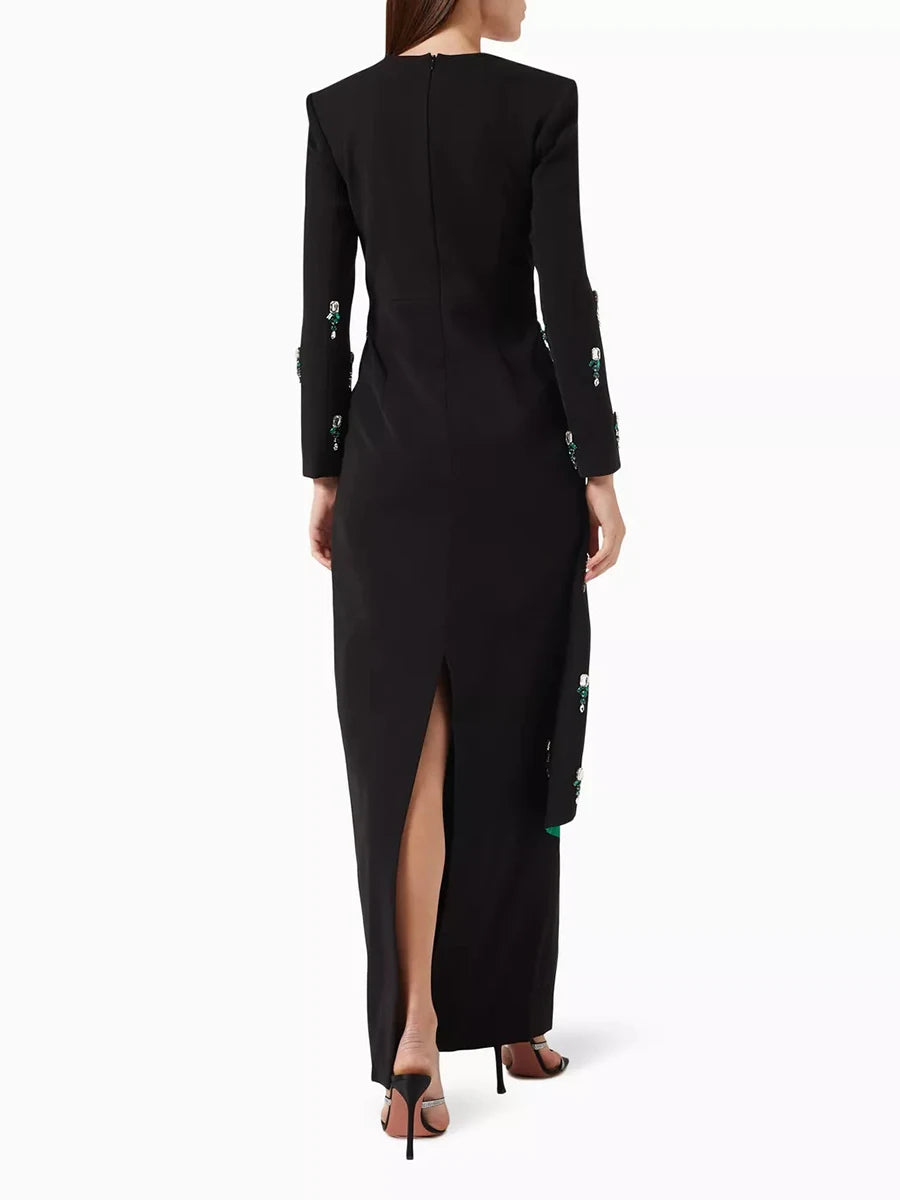 TWOTWINSTYLE Colorblock Spliced Bead Luxurious Two Piece Sets for Women Square Neck Long Sleeves Top High Waist Skirt Set Female