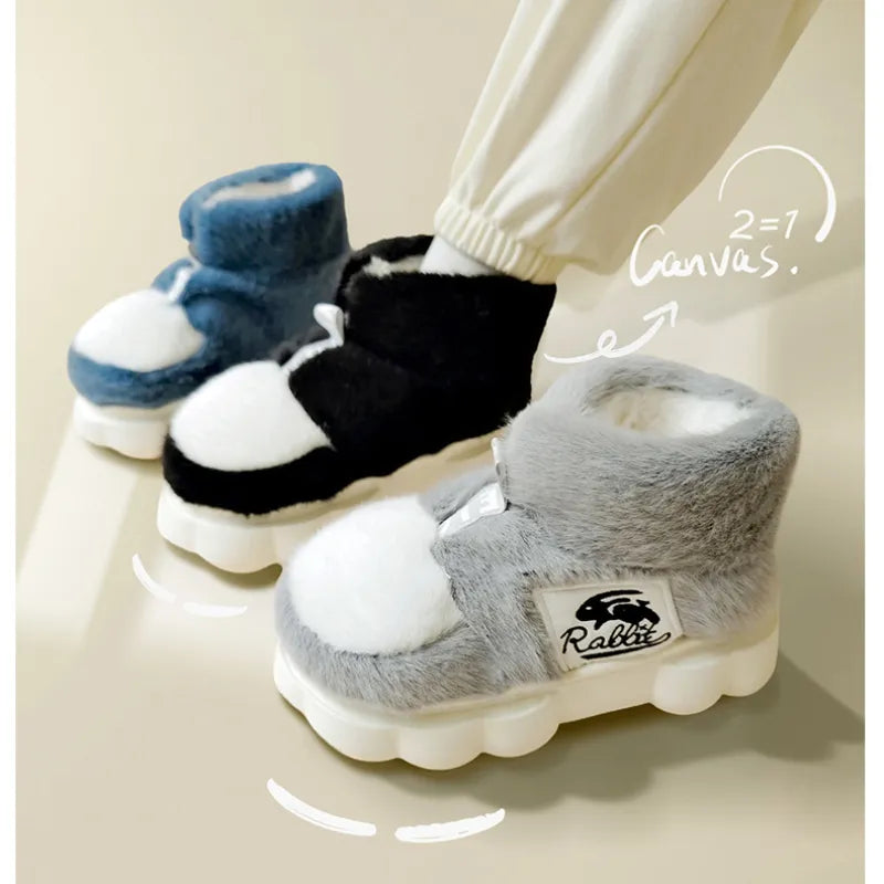 Women Warm Cotton Shoes Couples Winter Home Slippers Soft Plush Thick Sole Fluffy Footwear Female Male Indoor Street Snow Boots