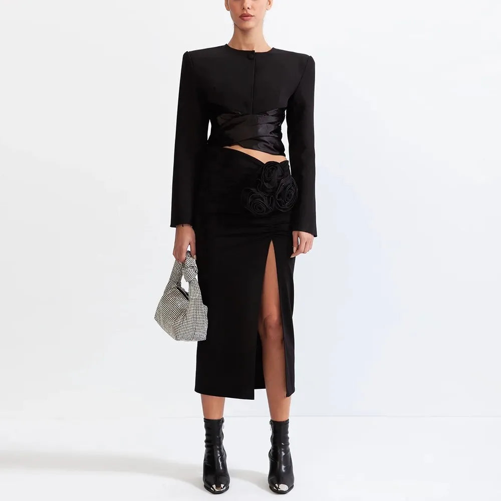 TWOTWINSTYLE Chic Two Piece Set For Women Round Neck Long Sleeve Top High Waist Spliced Appliques Skirt Elegant Sets Female New BLACK