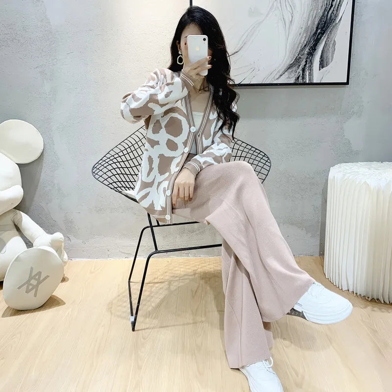 Women's Two Piece Set 2023 Autumn Winter New Fashion knit Long Sleeve Sweater Leisure Sweat Suit For Women Tracksuit Clothes Khaki One Size