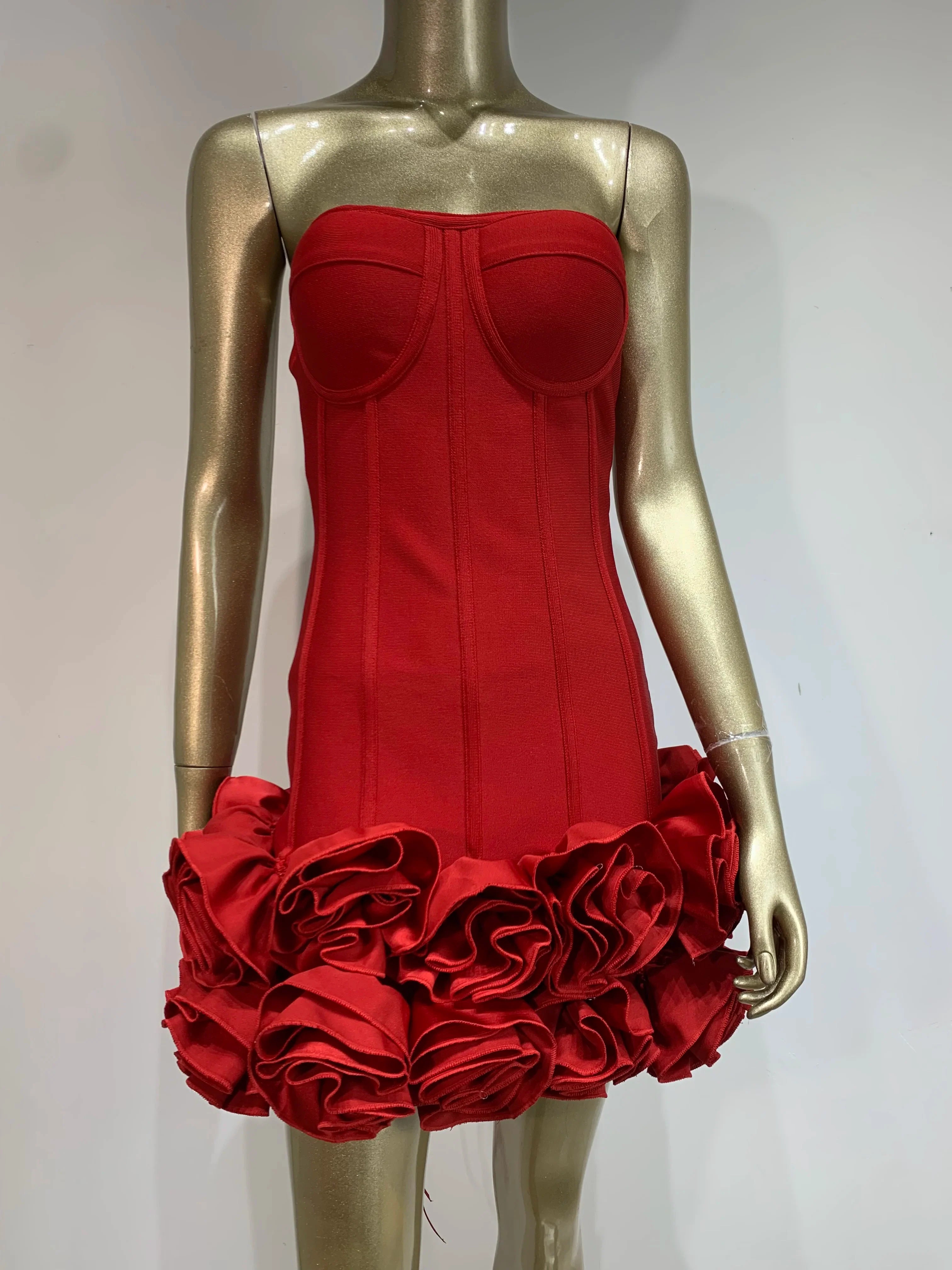Ladies Sexy Strapless Backless Red Flower Mini Bandage Women Celebrity Dress 2025 Elegant Party Evening Club Vestido Clothing