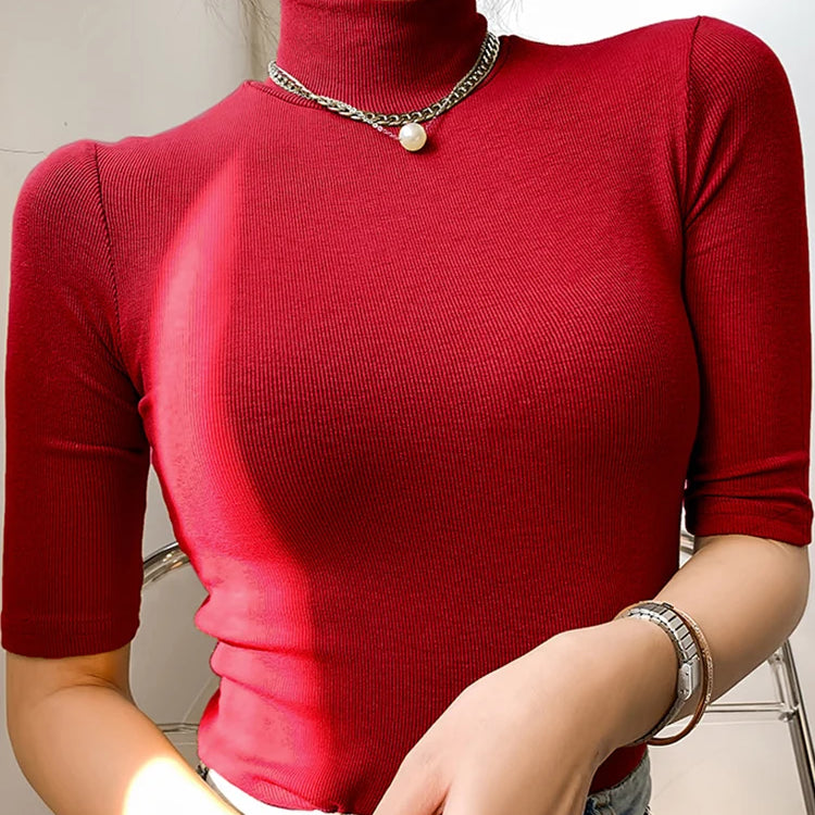 Basic Cotton T Shirt Women Turtleneck Slim Tshirt Short Sleeve T-shirts Female Casual Elasticity White Tee Shirt Femme Woman Top Red