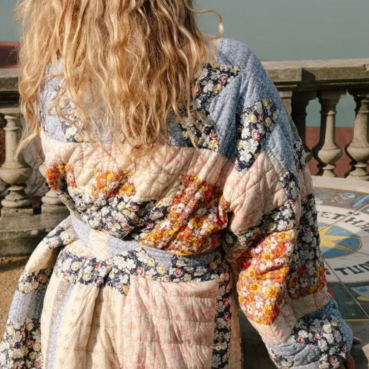 ZBZA Women's Fall Winter New Belted Long Quilted Print Jacket Coat Lapel Long Sleeve Single Breasted Long Padded Warm Outerwear