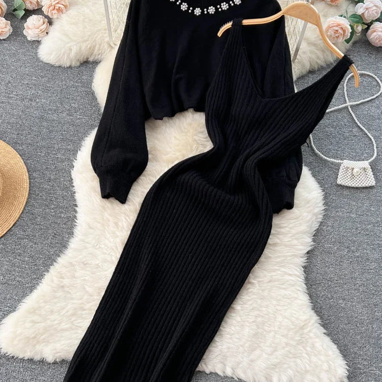 Korean Fashion Knitted Dress Sets Women Elegant Long Sleeve Pearl Sweater+Knitted Camis Dress Sets Sweater Casual Pullovers Suit black One Size