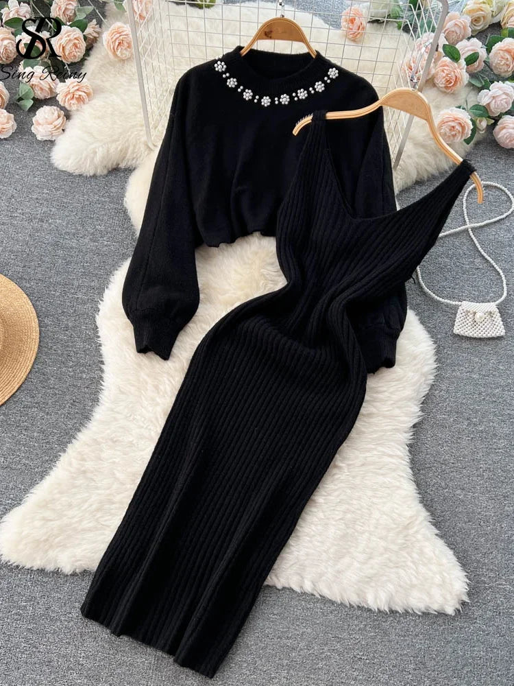 Korean Fashion Knitted Dress Sets Women Elegant Long Sleeve Pearl Sweater+Knitted Camis Dress Sets Sweater Casual Pullovers Suit black One Size