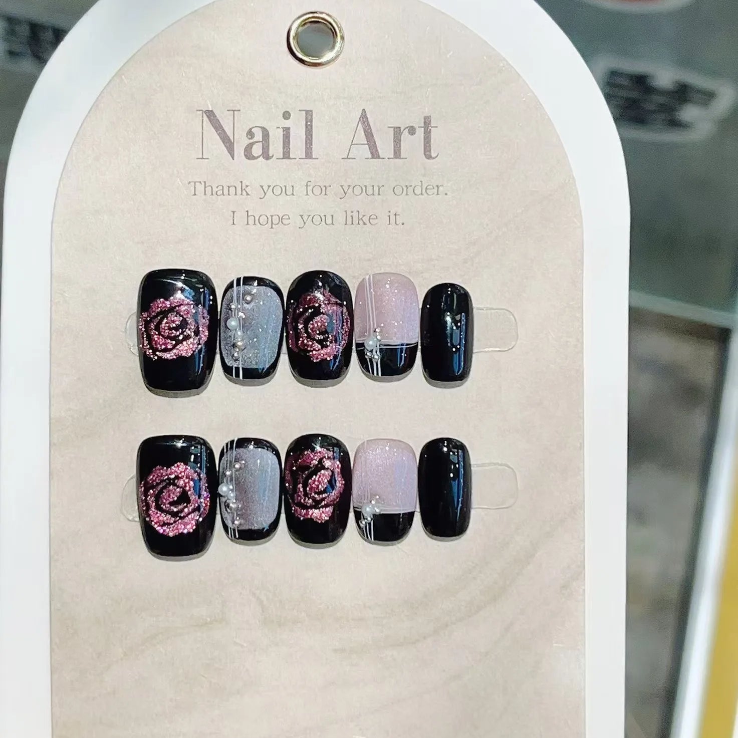 10Pcs Short Square Shimmery Rose Handmade False Nail Lovely Cat Eye Gel Nails with Glue Pearl French Press on Nail Manicure Tips