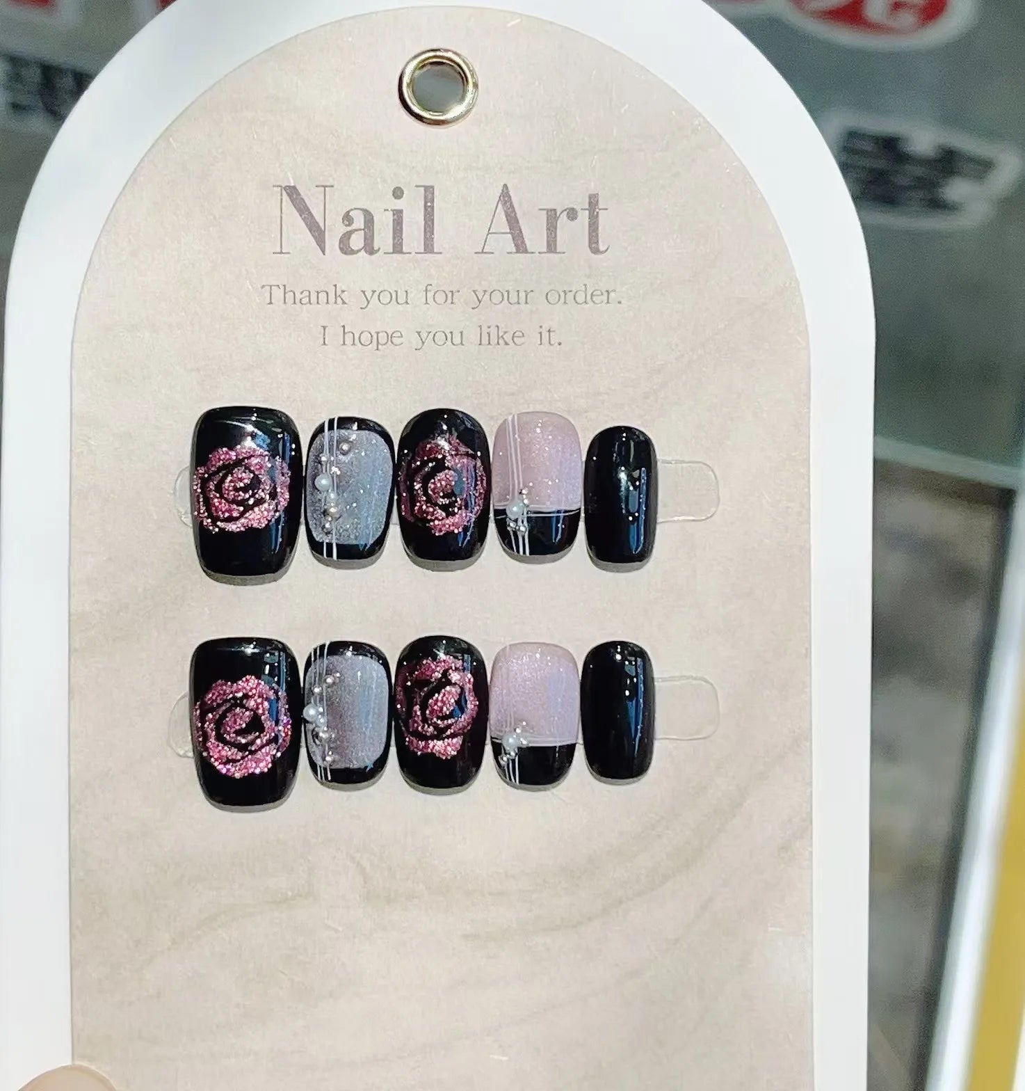 10Pcs Short Square Shimmery Rose Handmade False Nail Lovely Cat Eye Gel Nails with Glue Pearl French Press on Nail Manicure Tips