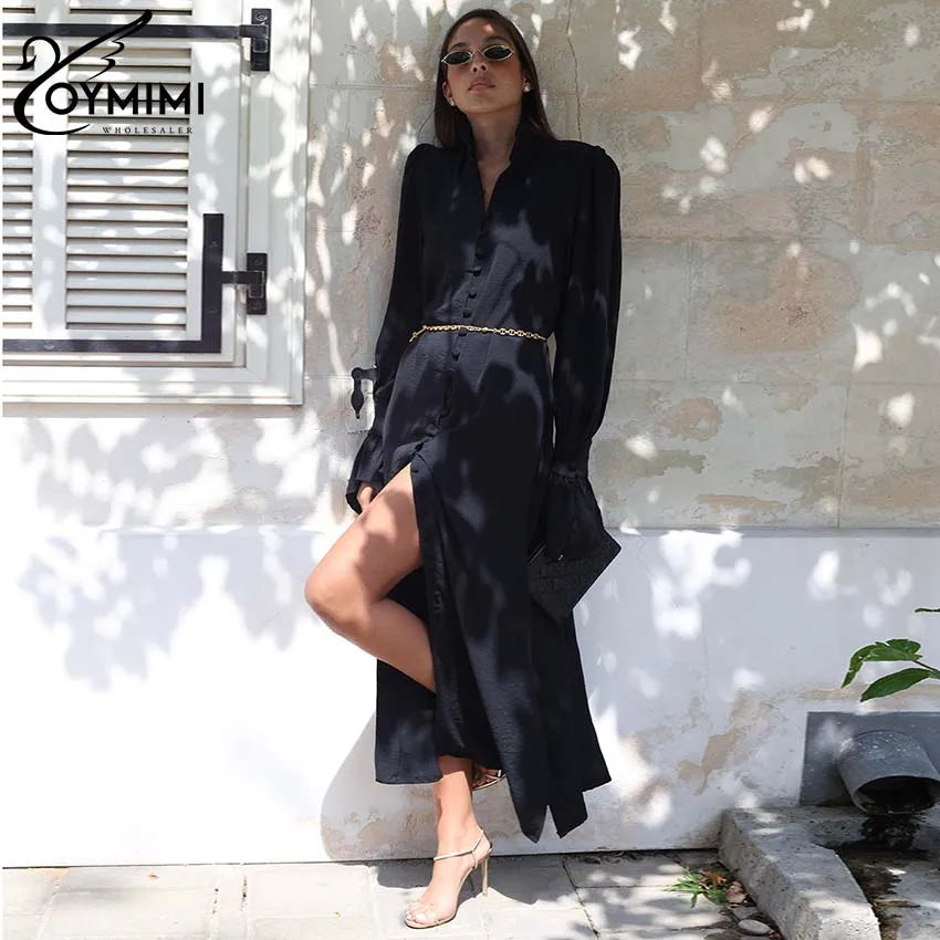 Elegant Blue Straight Womens Dresses Fashion Single Breasted Long Sleeve Dresses Casual Side Slit Mid-Calf Dress Female black