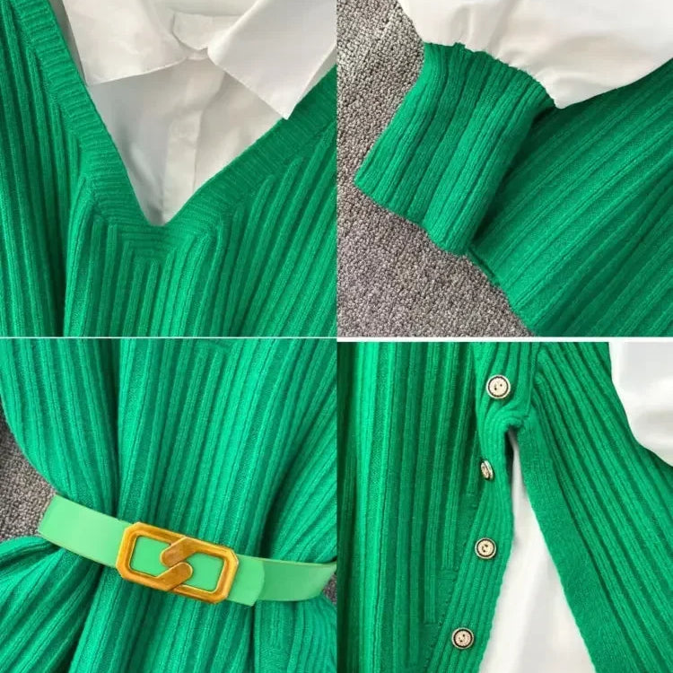 Loose White Shirt Long Sleeve Top Women's Belt Slit Knit Vest Korean Fashion Two Piece Set for Women Blouse Spring New