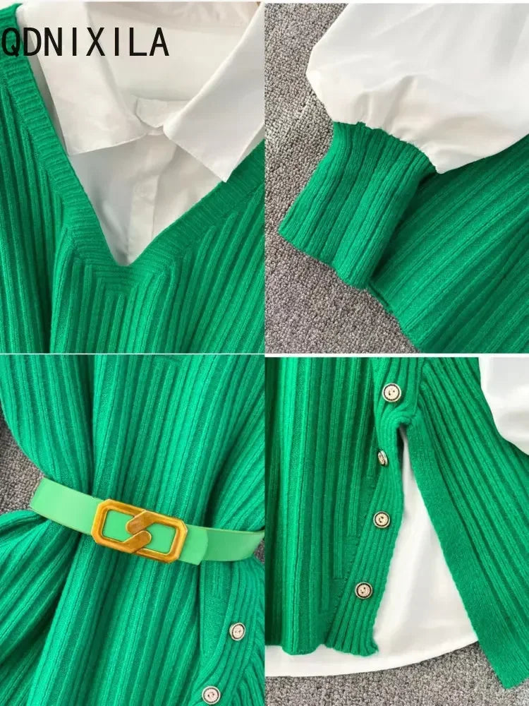 Loose White Shirt Long Sleeve Top Women's Belt Slit Knit Vest Korean Fashion Two Piece Set for Women Blouse Spring New