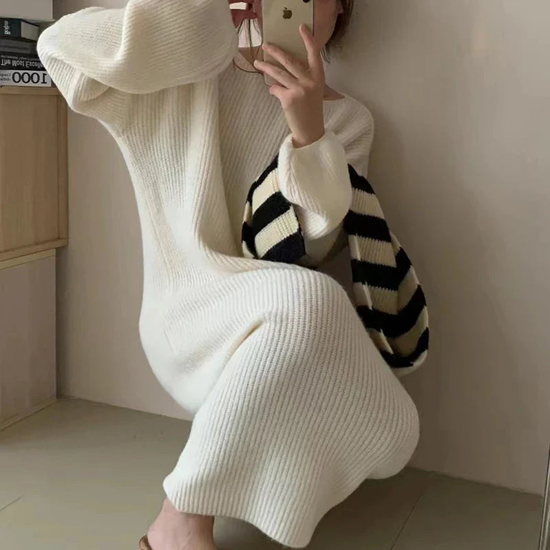 Winter Casual  Long Knitted Sweater Dress Elegant New Solid Crew-neck Furry Pullover Dress Women Long Sleeve Party Dress