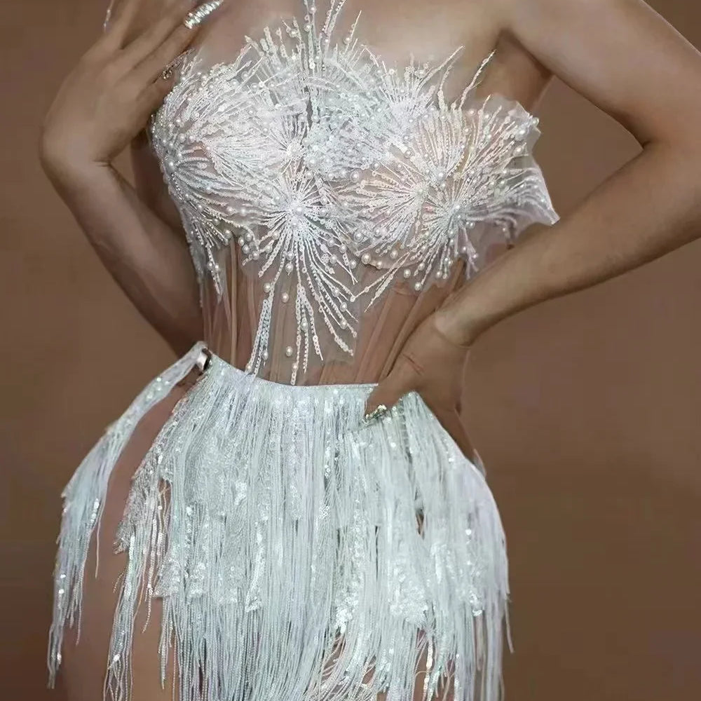 STOCK Women Sexy Off the Shoulder Shinning Sequins Tassels Bodycon Mini Dress 2 Pieces Celebrate Nightclub Performance Costume