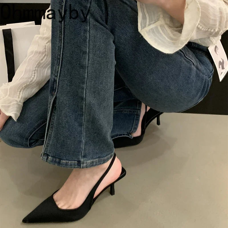 Summer Pointed Toe Women Sandals Fashion Slip On Singbacks Slides Ladies Elegant High Heel Sandalias Women's Party Dress Pumps