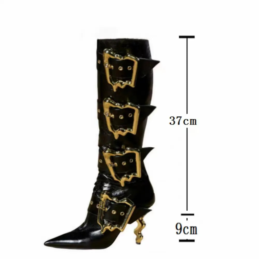 Autumn and Winter New Gold Buckle Design Knee Boots Fashion Elegant Pointed Toe High Heels Ankle Boot Brand Big Size 43 44 Black Autumn 1