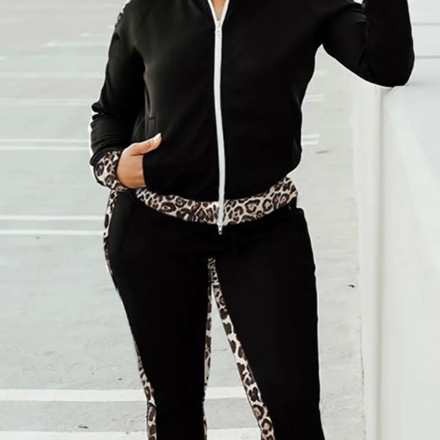LW Plus Size Leopard Print Tracksuit Set Women Patchwork Zipper Design Mandarin Collar Long Sleeve Two Piece Pants Matching Set