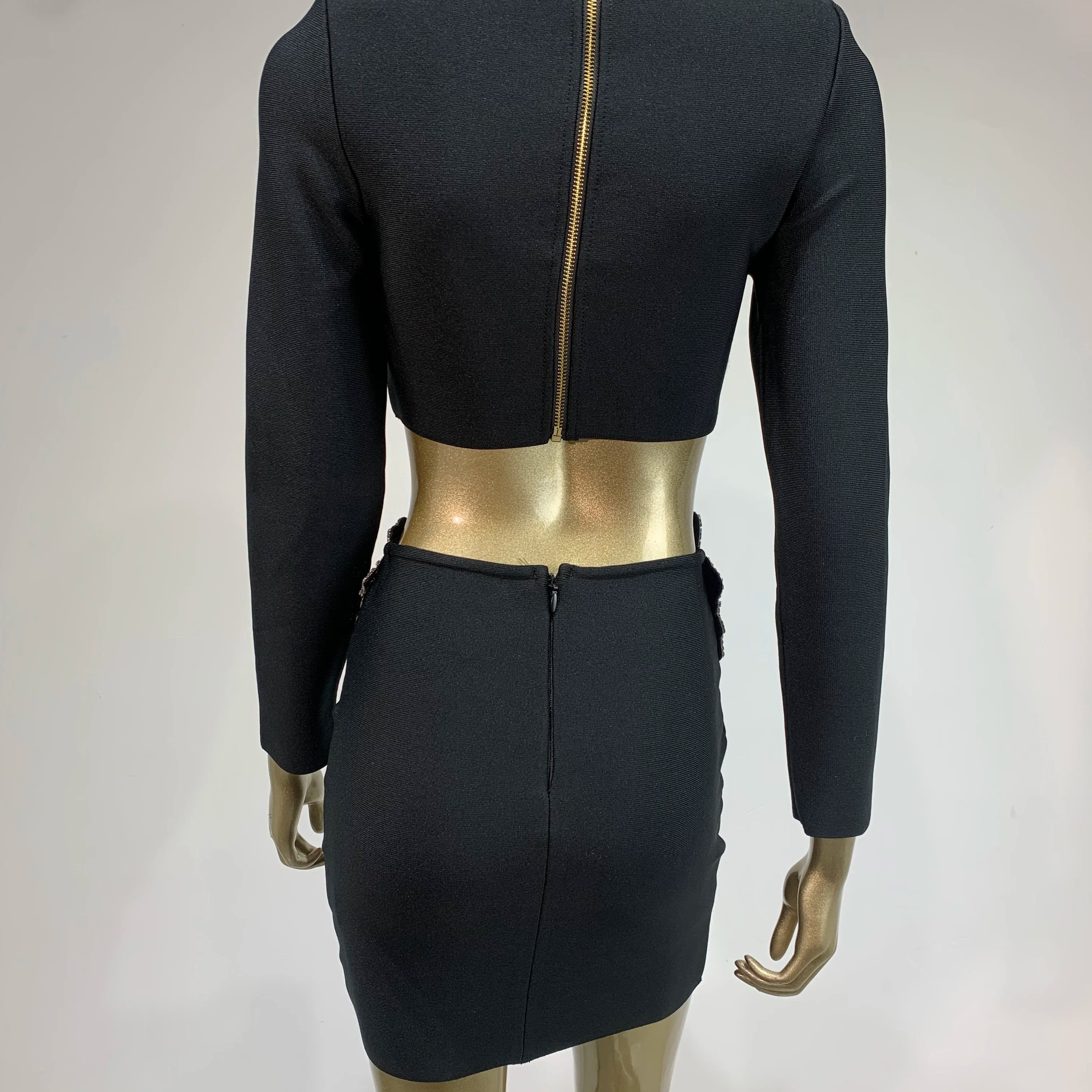 Women Sexy Long Sleeve Flower Diamonds Black Mini Two Pieces Skirt Bandage Set 2025 Celebrity Designer Fashion Women's Set