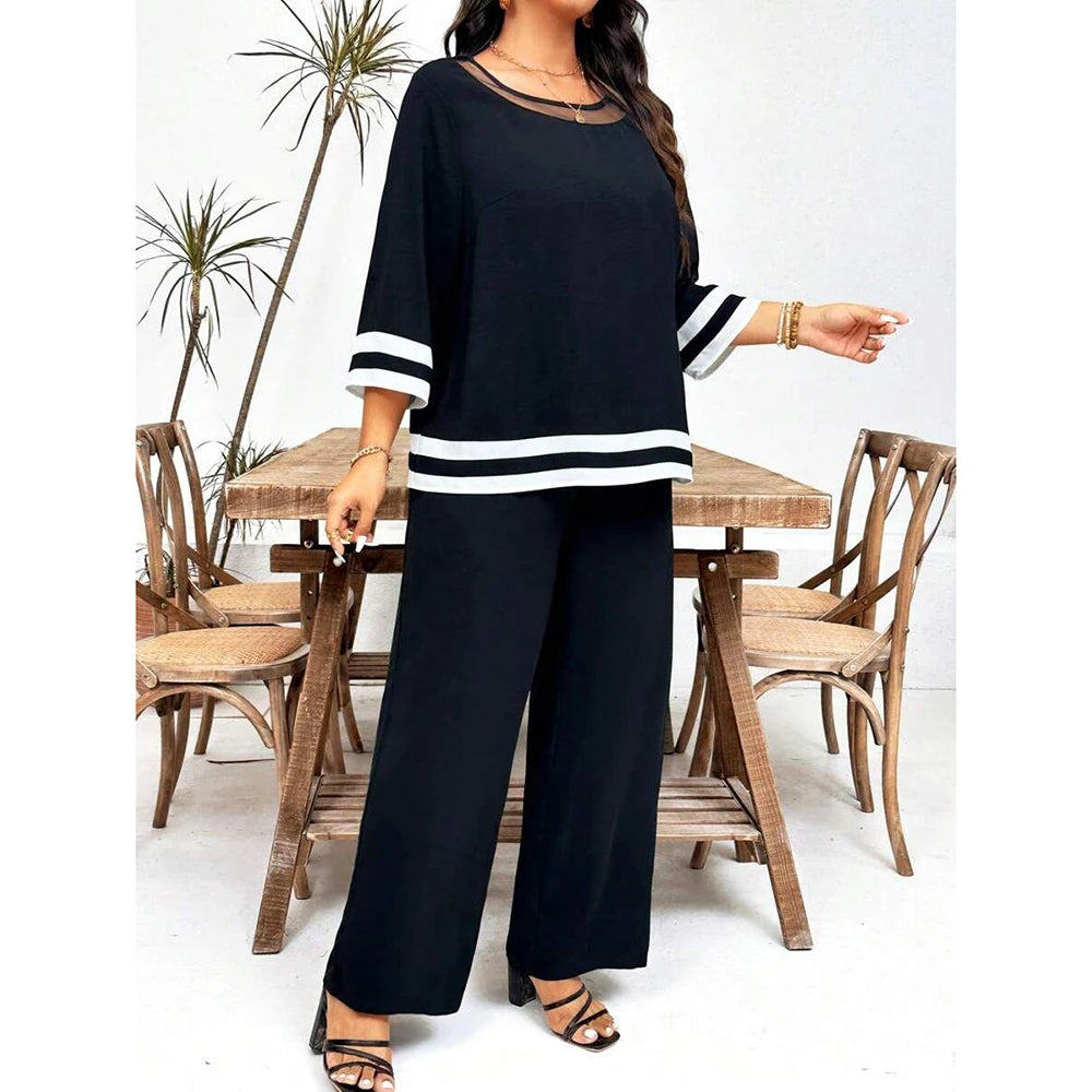 Stripe Patchwork Plus Size Elegant Women Two-Piece Set Crew Neck Loose 3/4 Sleeves T-Shirts Summer Autumn Straight Trousers Sets