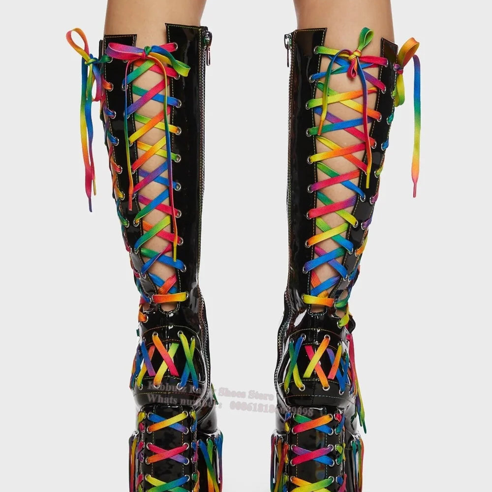 Round Toe Square Heel Platform Knee-High Boots Mixed Color Cross-Tied Patent Leather Side Zipper Super High Sexy Shoes Hot Girls