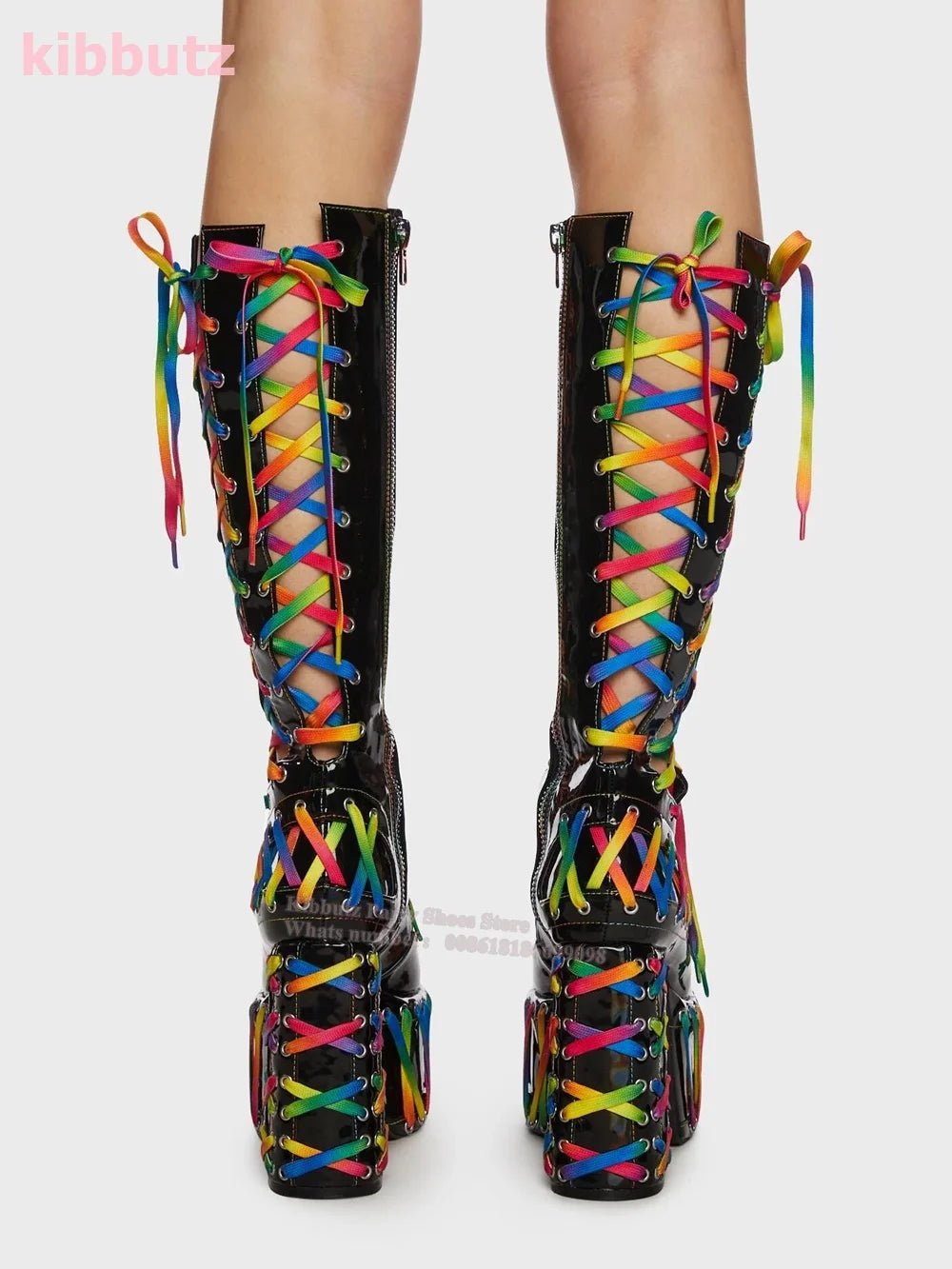 Round Toe Square Heel Platform Knee-High Boots Mixed Color Cross-Tied Patent Leather Side Zipper Super High Sexy Shoes Hot Girls