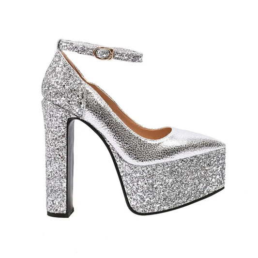 2023 Women's Thick Soles High Heels Fashion Sequins Pointed Elegant Platform Women's Banquet Wedding Party Women's Shoes