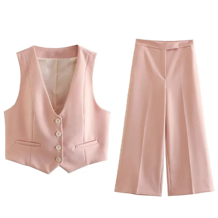 Willshela Women Fashion Two Piece Set Pink Tank Tops & Straight Leg Pants Vintage V-Neck Single Breasted Female Chic Pants Suit Pink
