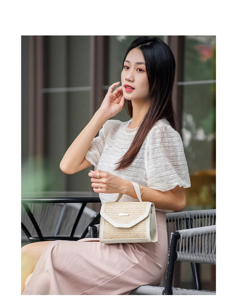 Straw Woven Handbag, Trendy and Fashionable, Simple Woven Sequin Decoration, Cross Body Small Square Bag Bags for Women