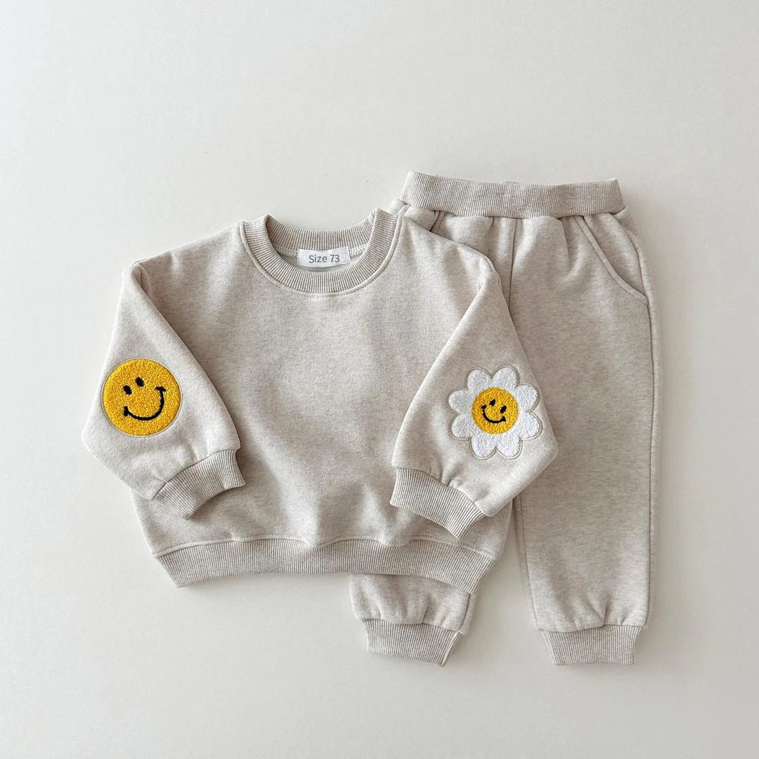 Winter Warm Baby Girl Boy Clothes Set Embroidery Thicken Fleece Sweatshirt + Pant Baby Boy Tracksuit Toddler Girl Clothes Korea Beige