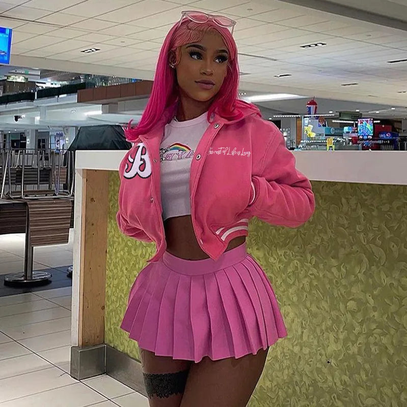 Baseball Jackets Women Single Breasted Letter Hip Hop Streetwear Crop Top Varsity Bomber Jackets Casual College Coats Pink