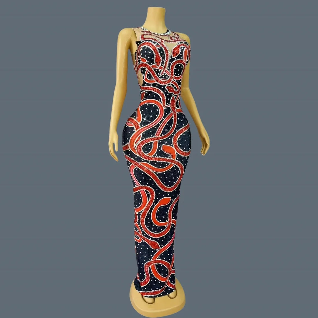 Sexy Red Snake Pattern Sparkly Rhinestone Party Maxi Dress For Women Club Show Skinny Chic Dress Event Evening Dress Hongshewu