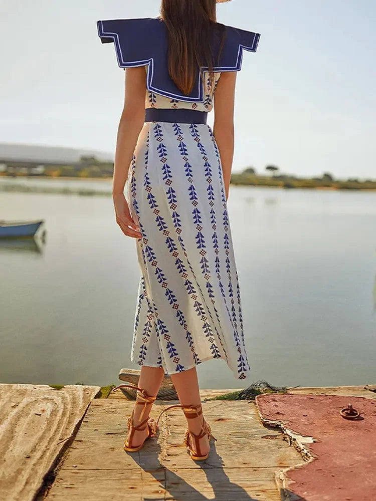 Fashion Lapel Flying Sleeve Print Dress Women Loose O Neck With Tassels Belt Midi Dresses Spring Elegant Female Party Vestidos