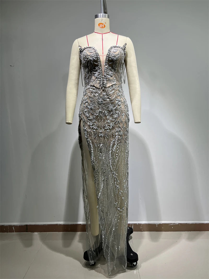 Luxury Diamonds Beading Sexy High Slit V-Neck Strapless Ankle Length Dress Goddess Dress Celebrity Evening Party Outfit