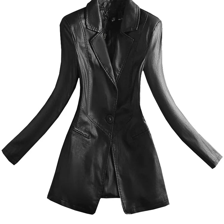 Spring Elegant Black Light Soft Faux Leather Blazer Long Sleeve Slim Fit Luxury Women Blazers and Jackets Fashion 2021