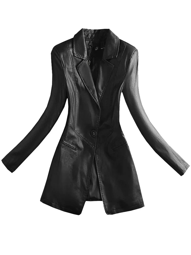 Spring Elegant Black Light Soft Faux Leather Blazer Long Sleeve Slim Fit Luxury Women Blazers and Jackets Fashion 2021