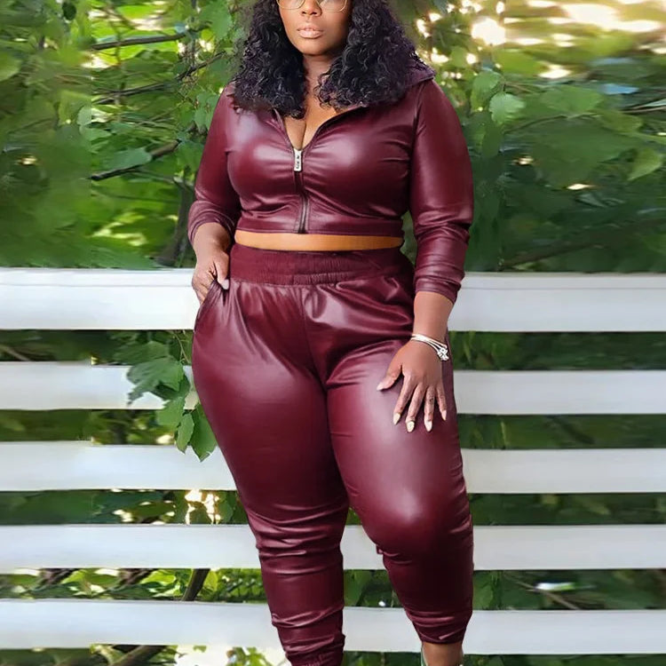 Wmstar Plus Size PU Two Piece Outfits Women Fall Clothing Hoodies Coat Pants Sets Legging Matching Set Wholesale Dropshipping