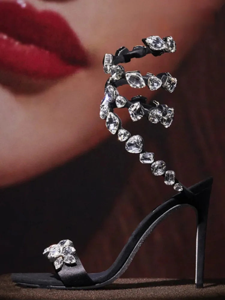 Women's High Heel Sandals Fashion Colored Diamond Snake Party Banquet Water Diamond Slim High Heels white diamond